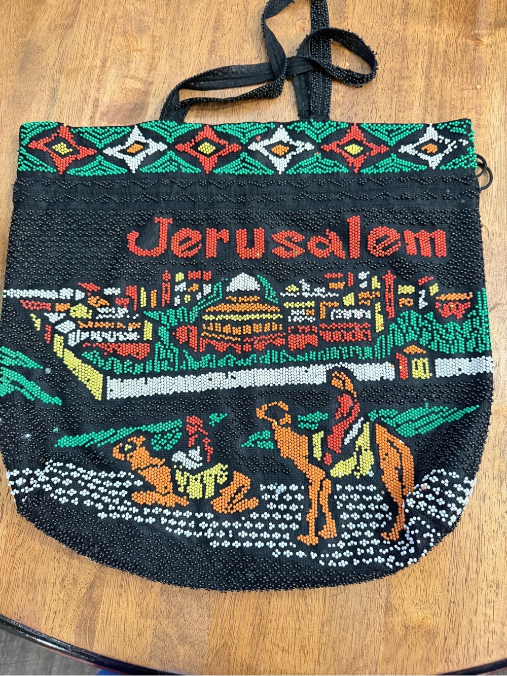 Jerusalem Beaded Tote Bag in Black with Multicolor Motif